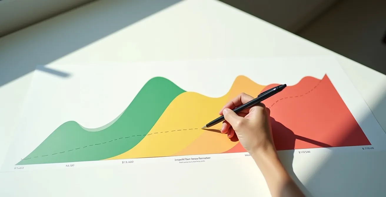 Représentation visuelle abstraite du plateau de rentabilité de la prime d'activité avec courbes et zones colorées