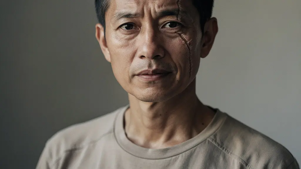 Portrait en lumière naturelle d’une personne avec une cicatrice discrète au visage, illustrant les souffrances endurées et le préjudice esthétique.
