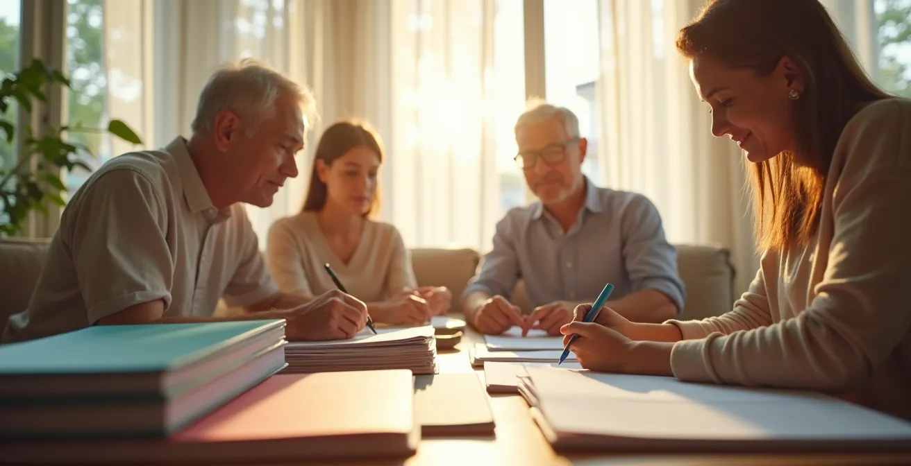 Famille préparant ensemble des documents administratifs dans un cadre chaleureux