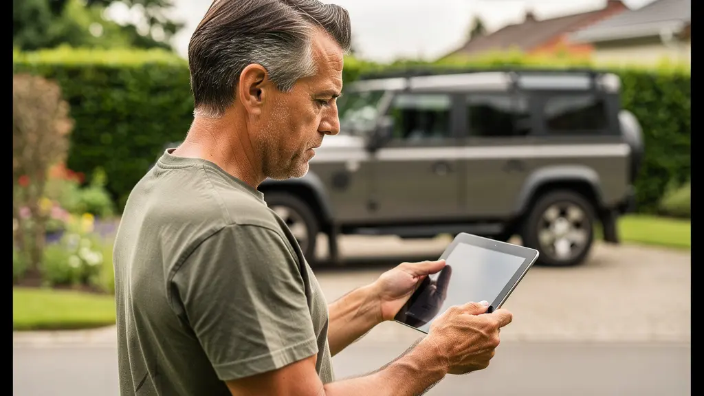 Propriétaire de 4x4 consultant son contrat d'assurance sur tablette devant son véhicule