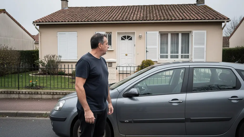 Propriétaire pensif devant sa voiture garée, réflexion sur assurance auto