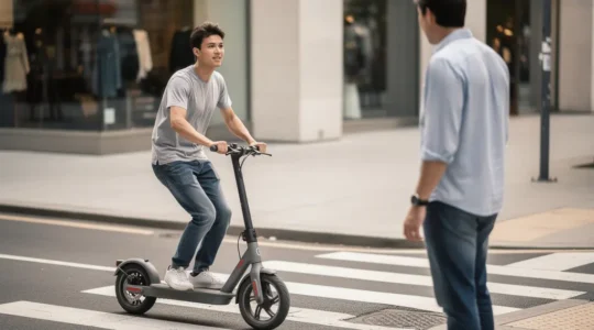 Une personne roule en trottinette electrique en ville, avec une scene suggerant le risque d'accident et la question de la responsabilite civile, sans aucun texte visible.