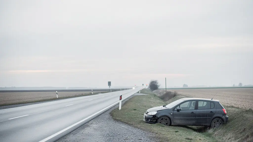 Route de campagne vide au petit matin, avec une voiture endommagée arrêtée dans un fossé, illustrant un accident seul sans témoin.