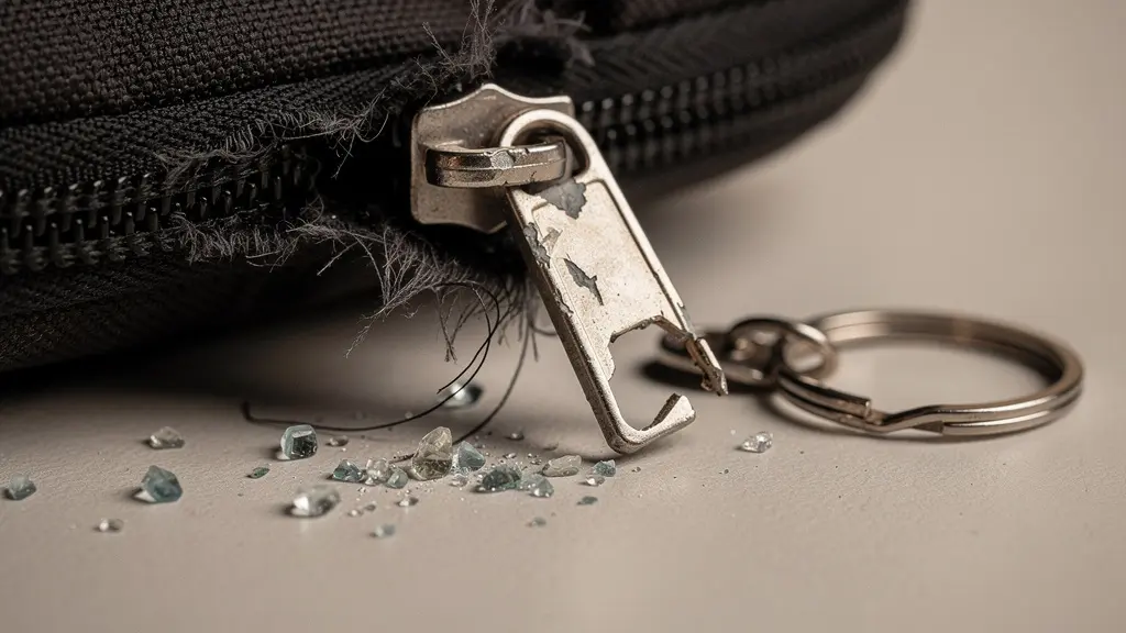 Gros plan macro sur une fermeture de sac endommagée avec des éclats de verre et un porte-clés neutre, évoquant un vol lié à une inattention, sans ordinateur visible ni texte.