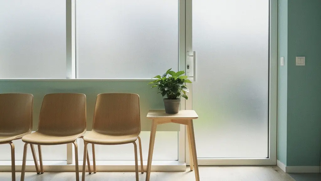 Salle d'attente lumineuse et accueillante d'un centre de santé avec des chaises vides baignées de lumière naturelle