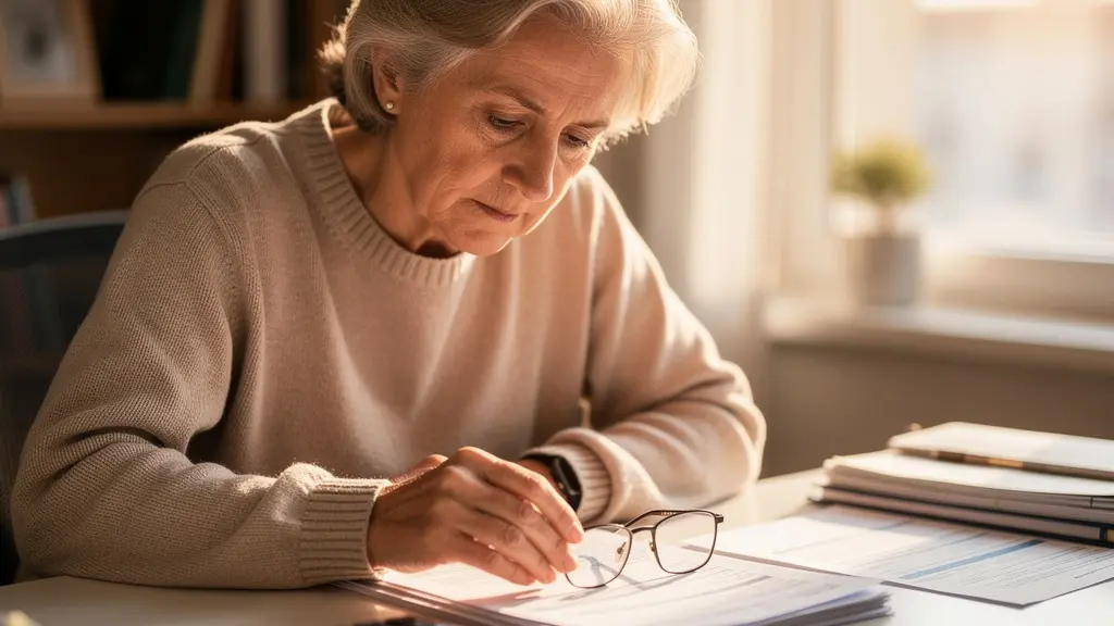 Personne senior examinant des documents de mutuelle dans un bureau lumineux avec calculatrice et graphiques