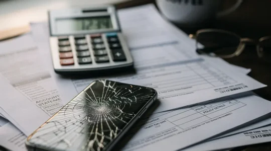 Smartphone avec écran fissuré posé sur des documents financiers et calculatrice