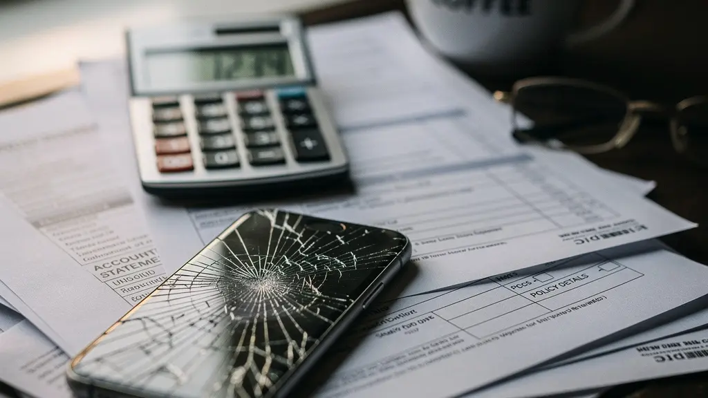 Smartphone avec écran fissuré posé sur des documents financiers et calculatrice