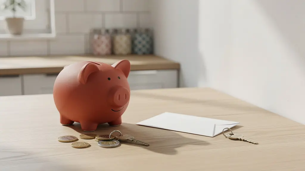 Vue rapprochée d'une tirelire en céramique posée sur une table en bois avec des pièces de monnaie éparpillées, illustrant l'épargne de précaution pour un sinistre