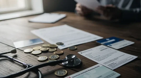Facture médicale partiellement visible avec documents de remboursement et carte vitale en arrière-plan