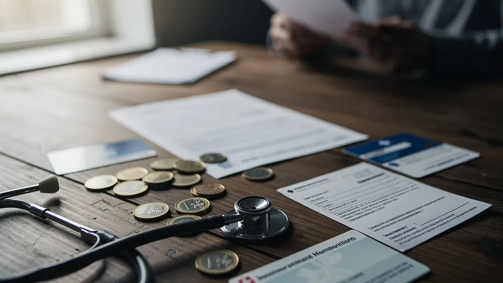 Facture médicale partiellement visible avec documents de remboursement et carte vitale en arrière-plan