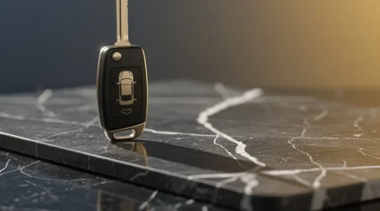 Clé de voiture posée sur une surface réfléchissante symbolisant la protection financière de la valeur à neuf en LOA
