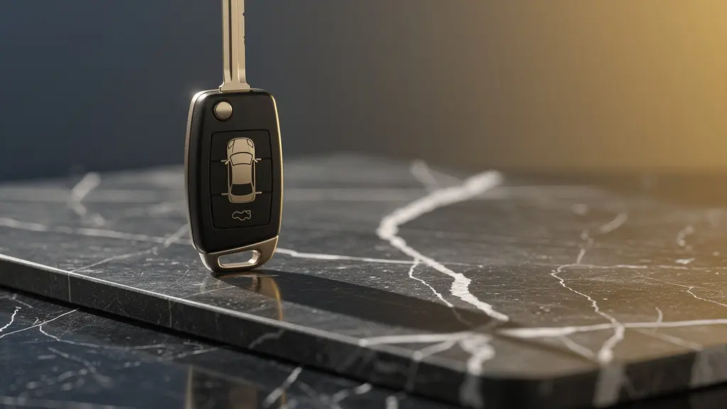Clé de voiture posée sur une surface réfléchissante symbolisant la protection financière de la valeur à neuf en LOA