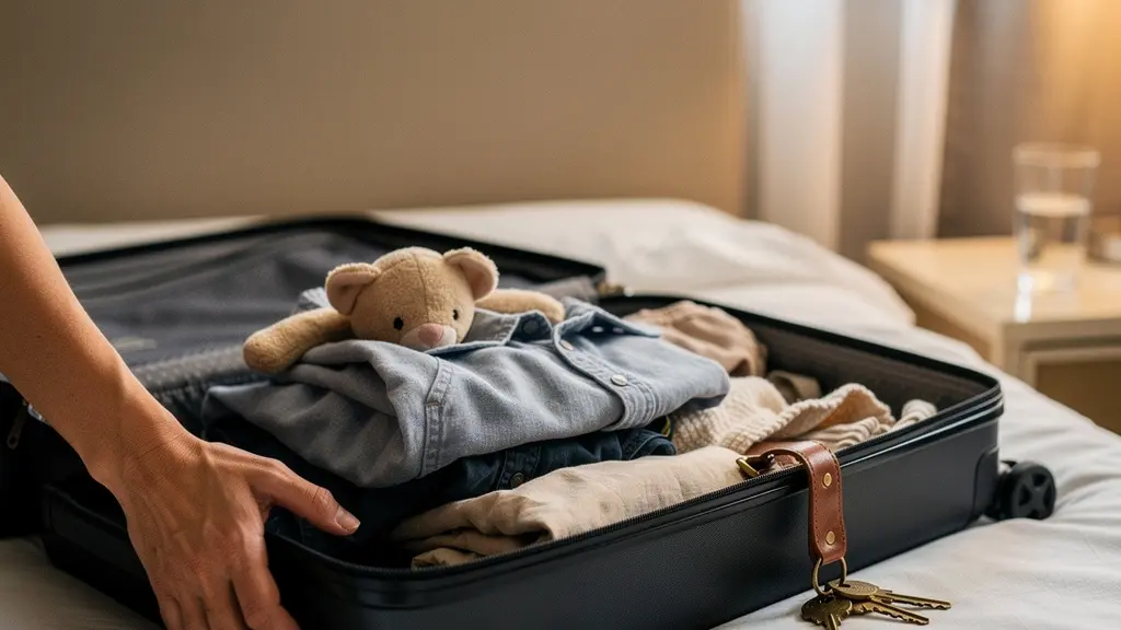 Valise ouverte posée sur un lit d'hôtel avec des clés et des vêtements essentiels, illustrant le relogement d'urgence après un sinistre incendie