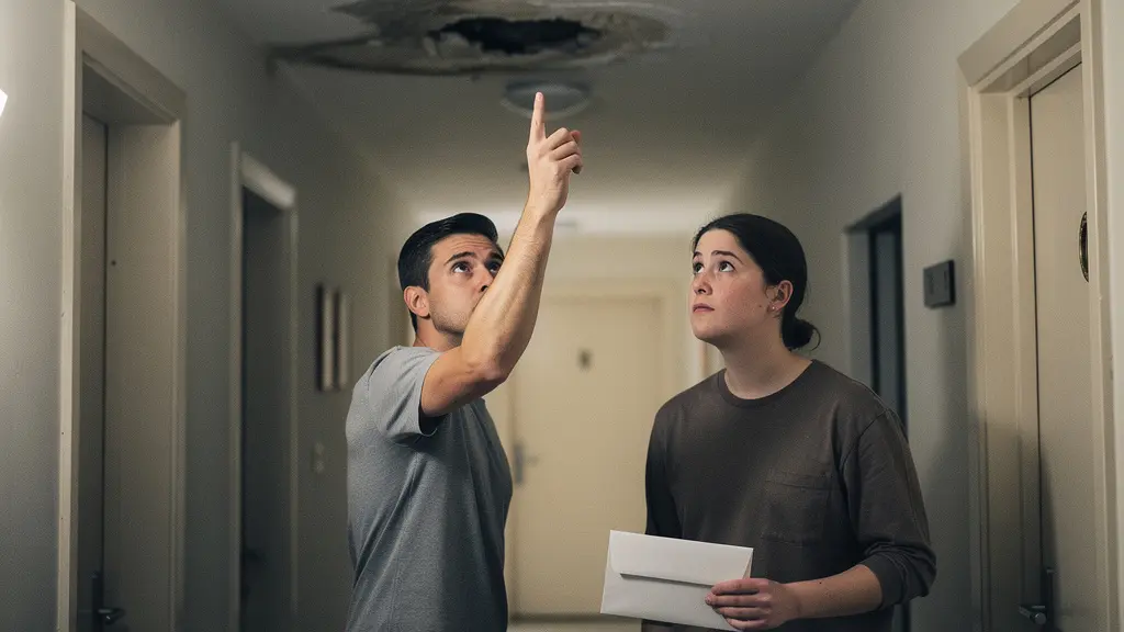 Deux voisins discutent dans un couloir d'immeuble en regardant une tache d'humidité au plafond.
