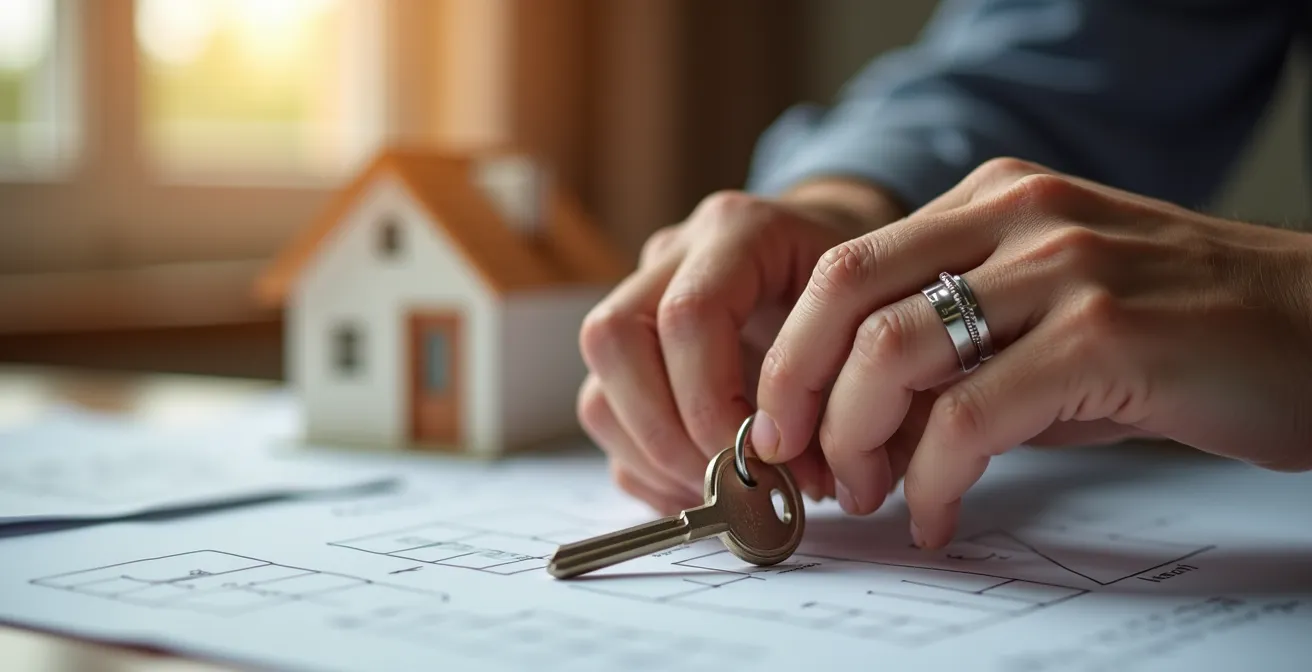 Gros plan sur des mains tenant une clé de maison avec des documents flous en arrière-plan