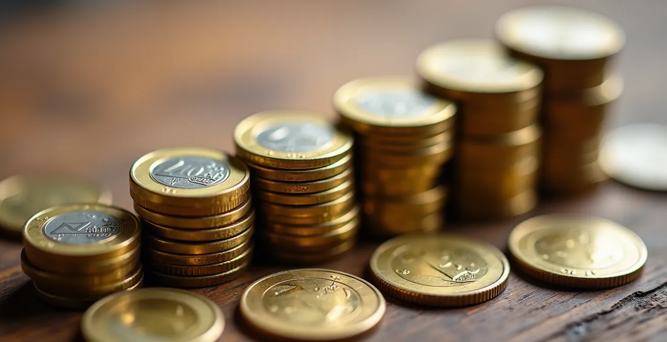 Vue macro de pièces empilées avec effet de profondeur de champ montrant la progression fiscale