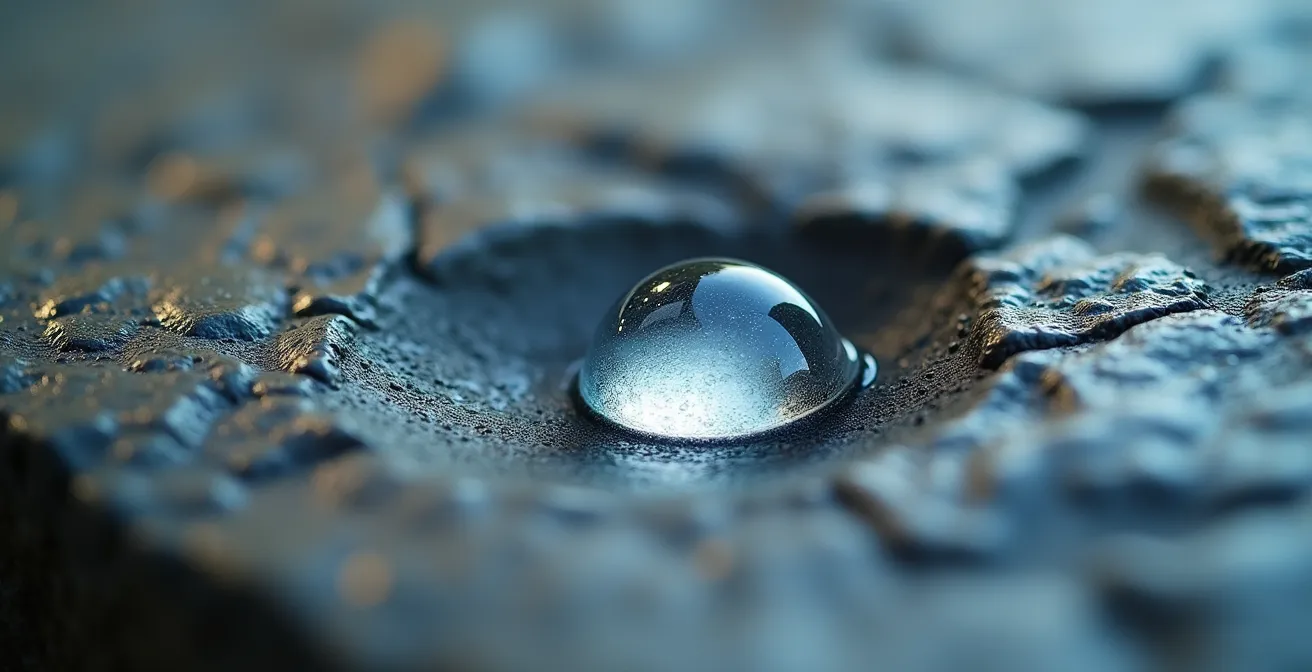 Visualisation métaphorique de l'érosion lente du capital par les frais de gestion, représentée par des gouttes d'eau sur une pierre.