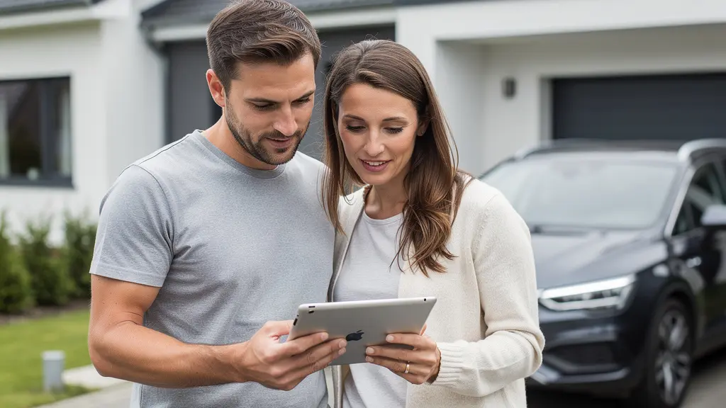 Couple trentenaire européen discutant d'un devis d'assurance auto sur tablette devant leur véhicule Couple trentenaire européen discutant d'un devis d'assurance auto sur tablette devant leur véhicule